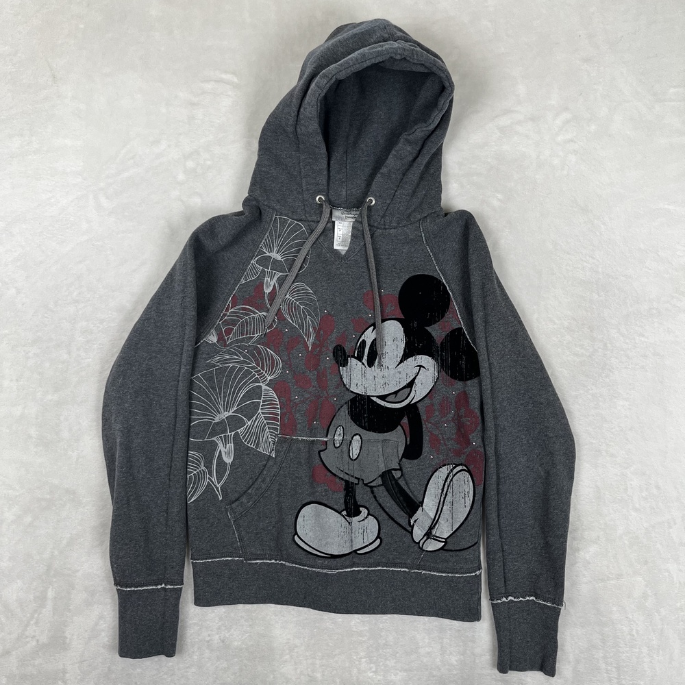 Disney Mickey Mouse Hoodie Sweatshirt Womens S Gray Pullover Disneyland Floral